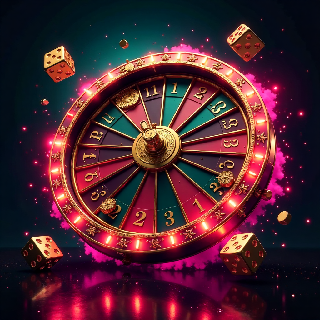 Dynamic 3D explosion of Crazy Time wheel segments, golden multipliers, and dice mixed with elegant Italian Renaissance gold patterns, vibrant pink and teal neon energy trails, dark charcoal reflective background, high-tech gambling art, high contrast, sha